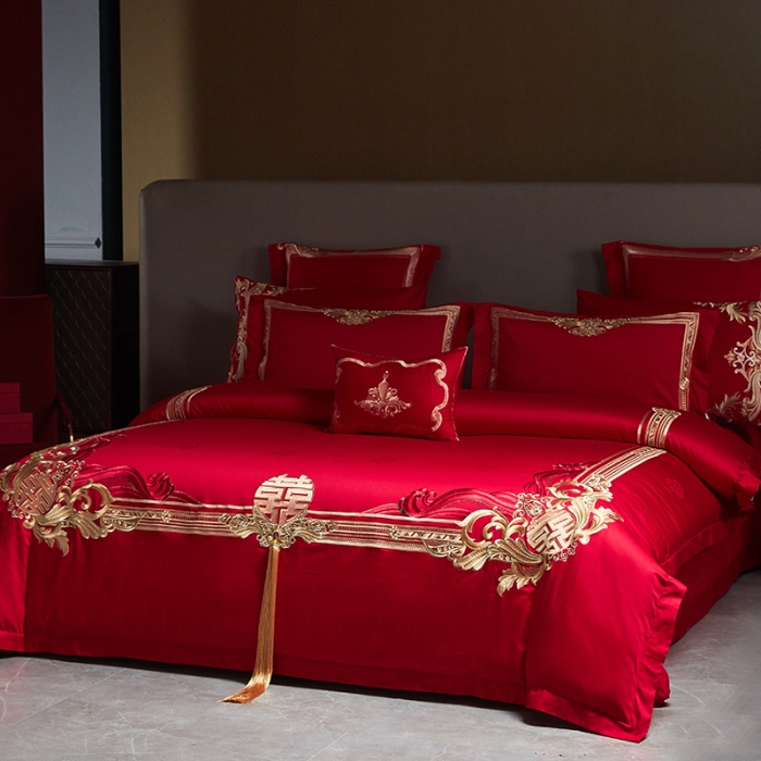 91家纺网 家纺一手货源 找家纺 宏羽纺 2023新款高支高密全棉贡缎提花婚庆套件 全棉缘定三生-金