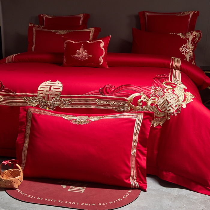 91家纺网 家纺一手货源 找家纺 宏羽纺 2023新款高支高密全棉贡缎提花婚庆套件 全棉缘定三生-金