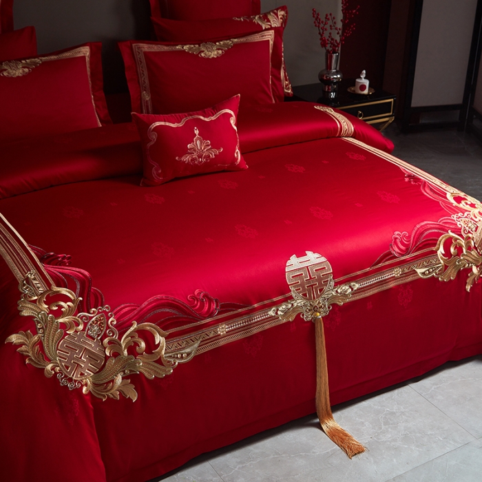 91家纺网 家纺一手货源 找家纺 宏羽纺 2023新款高支高密全棉贡缎提花婚庆套件 全棉缘定三生-金