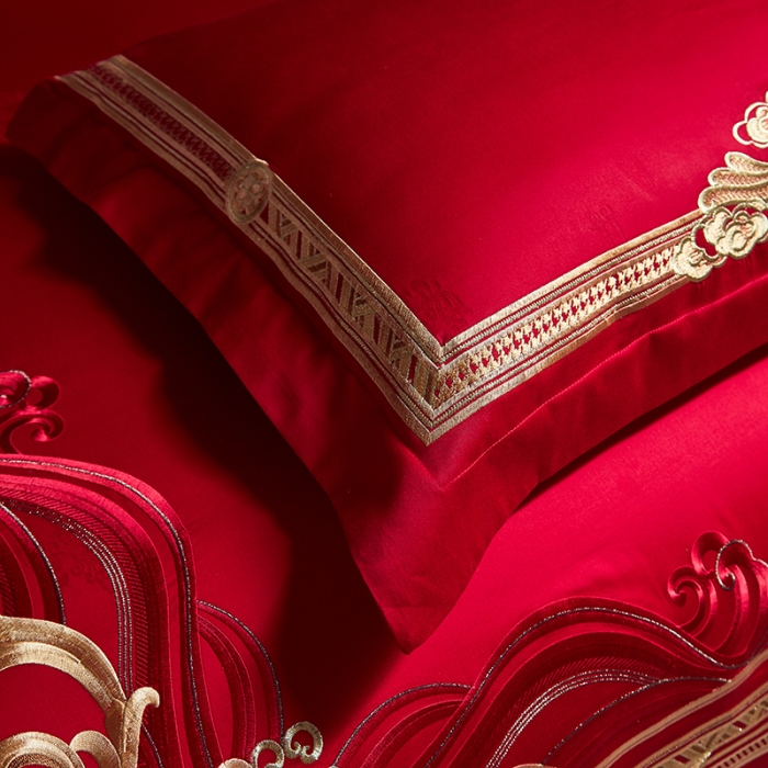 91家纺网 家纺一手货源 找家纺 宏羽纺 2023新款高支高密全棉贡缎提花婚庆套件 全棉缘定三生-金