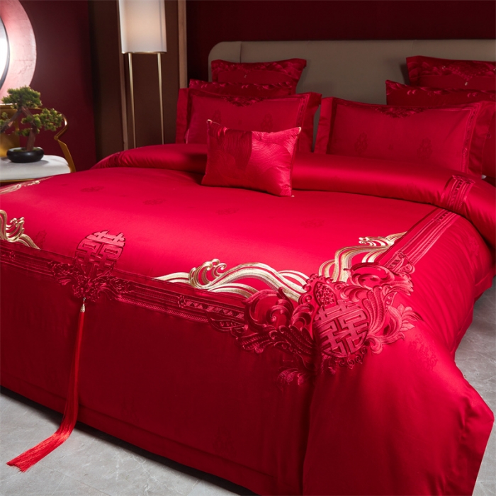 91家纺网 家纺一手货源 找家纺 宏羽纺 2023新款高支高密全棉贡缎提花婚庆套件 缘定三生-红