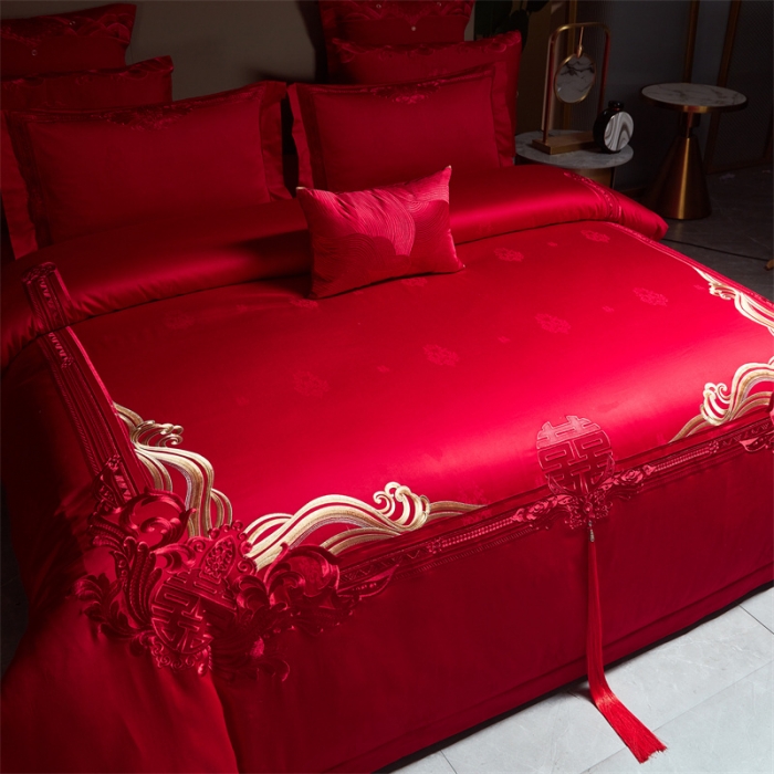 91家纺网 家纺一手货源 找家纺 宏羽纺 2023新款高支高密全棉贡缎提花婚庆套件 缘定三生-红