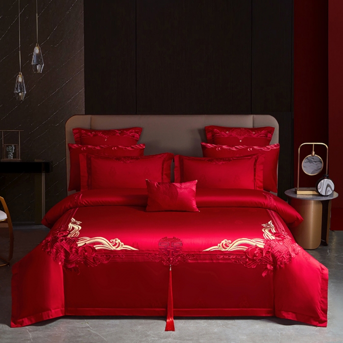 91家纺网 家纺一手货源 找家纺 宏羽纺 2023新款高支高密全棉贡缎提花婚庆套件 缘定三生-红