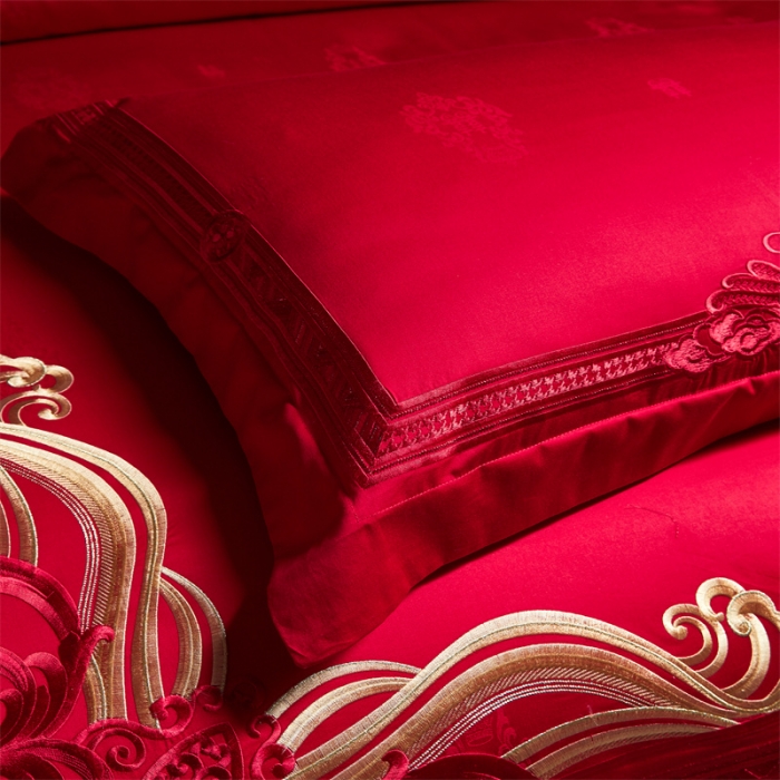 91家纺网 家纺一手货源 找家纺 宏羽纺 2023新款高支高密全棉贡缎提花婚庆套件 缘定三生-红