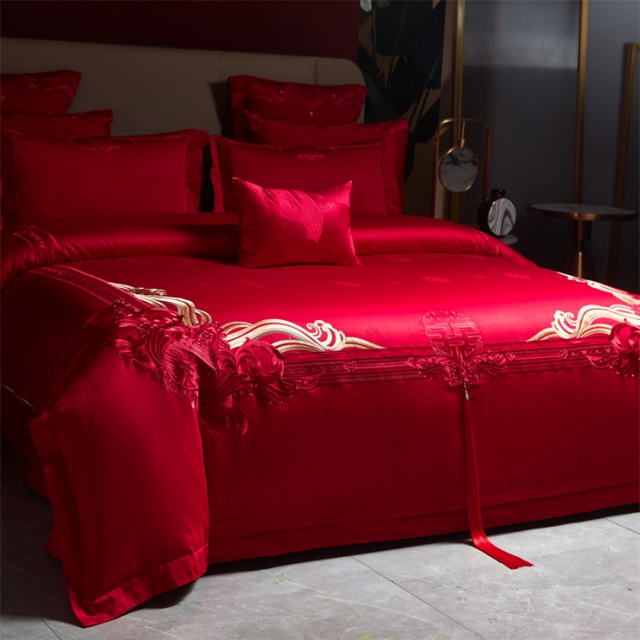 91家纺网 家纺一手货源 找家纺 宏羽纺 2023新款高支高密全棉贡缎提花婚庆套件 缘定三生-红