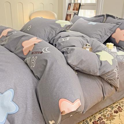 91家纺网 家纺一手货源 找家纺 品乐家纺 2023新款全棉喷气磨毛印花四件套 满天星-灰