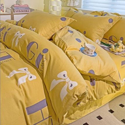 91家纺网 家纺一手货源 找家纺 品乐家纺 2023新款全棉喷气磨毛印花四件套 情意结-黄