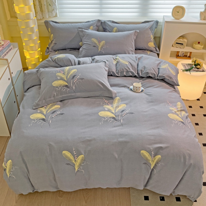 91家纺网 家纺一手货源 找家纺 品乐家纺 2023新款全棉喷气磨毛印花四件套 幻彩羽叶-灰