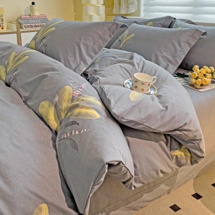 品乐家纺 2023新款全棉喷气磨毛印花四件套 幻彩羽叶-灰