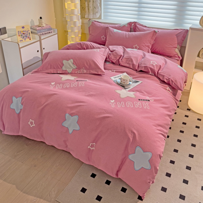 91家纺网 家纺一手货源 找家纺 品乐家纺 2023新款全棉喷气磨毛印花四件套 满天星-紫