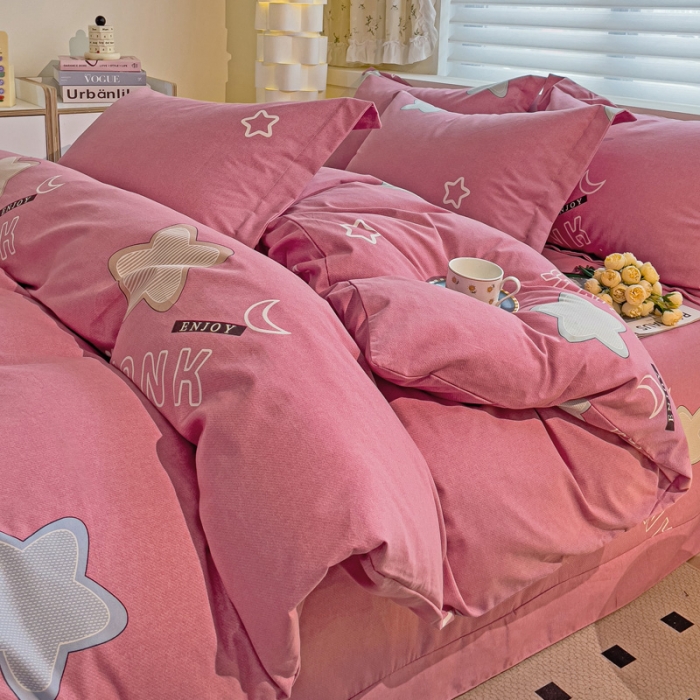 91家纺网 家纺一手货源 找家纺 品乐家纺 2023新款全棉喷气磨毛印花四件套 满天星-紫