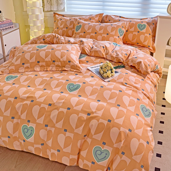 91家纺网 家纺一手货源 找家纺 品乐家纺 2023新款全棉喷气磨毛印花四件套 妙恋-桔