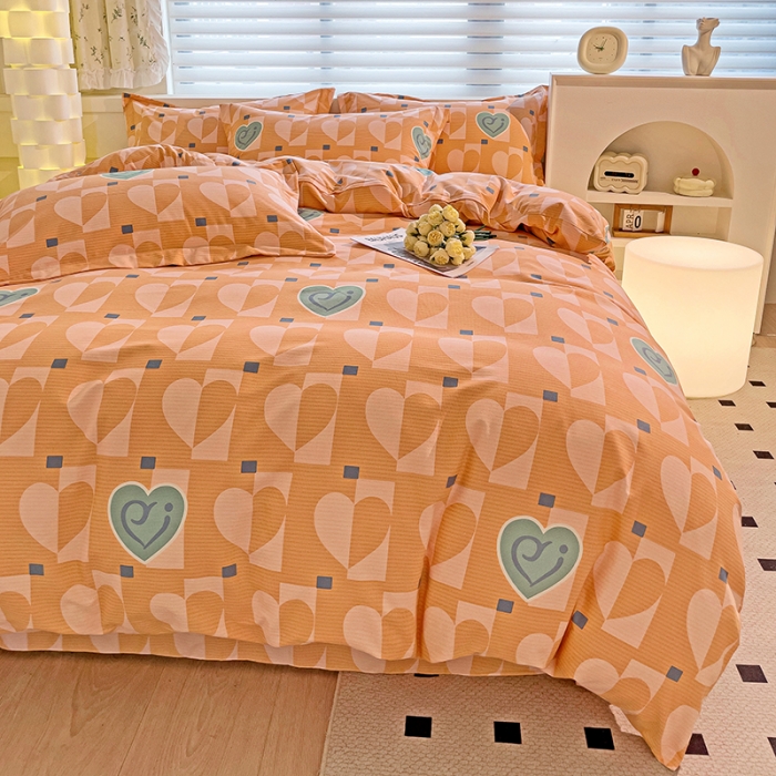 91家纺网 家纺一手货源 找家纺 品乐家纺 2023新款全棉喷气磨毛印花四件套 妙恋-桔