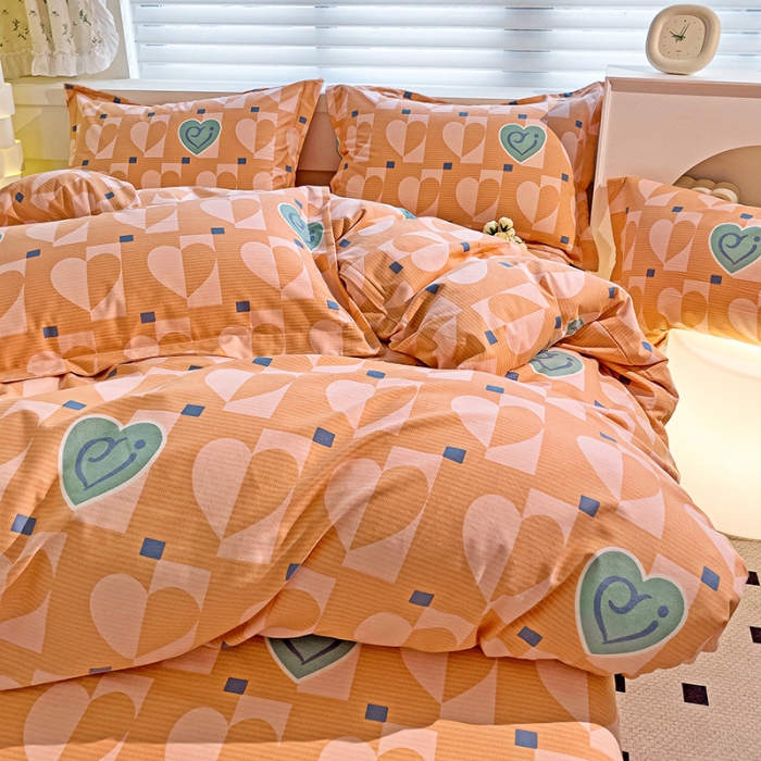 91家纺网 家纺一手货源 找家纺 品乐家纺 2023新款全棉喷气磨毛印花四件套 妙恋-桔