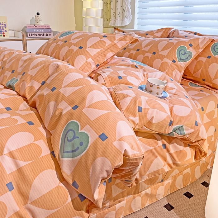 91家纺网 家纺一手货源 找家纺 品乐家纺 2023新款全棉喷气磨毛印花四件套 妙恋-桔