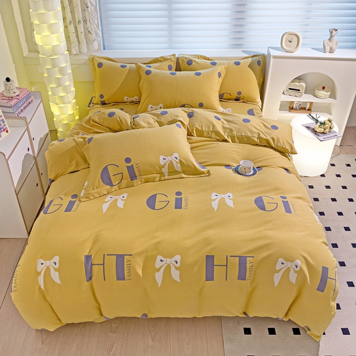 91家纺网 家纺一手货源 找家纺 品乐家纺 2023新款全棉喷气磨毛印花四件套 情意结-黄