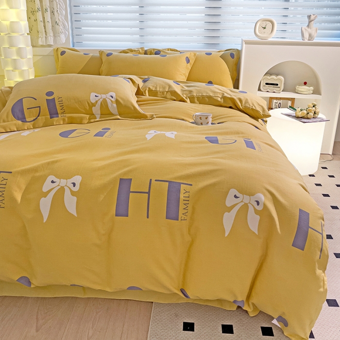 91家纺网 家纺一手货源 找家纺 品乐家纺 2023新款全棉喷气磨毛印花四件套 情意结-黄