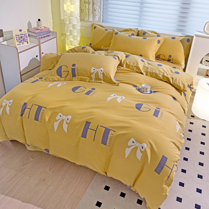 91家纺网 家纺一手货源 找家纺 品乐家纺 2023新款全棉喷气磨毛印花四件套 情意结-黄