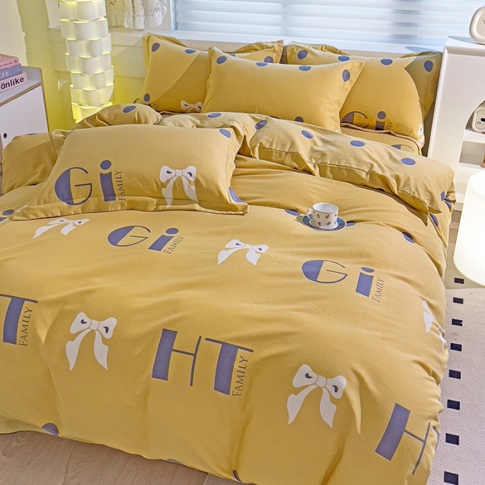 91家纺网 家纺一手货源 找家纺 品乐家纺 2023新款全棉喷气磨毛印花四件套 情意结-黄