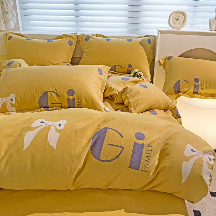 91家纺网 家纺一手货源 找家纺 品乐家纺 2023新款全棉喷气磨毛印花四件套 情意结-黄