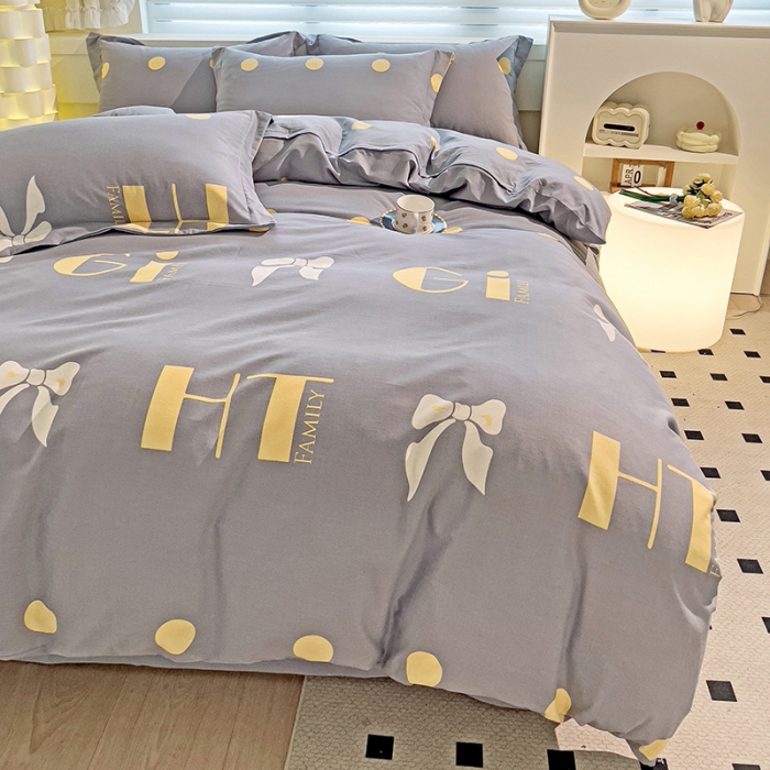 91家纺网 家纺一手货源 找家纺 品乐家纺 2023新款全棉喷气磨毛印花四件套 情意结-灰