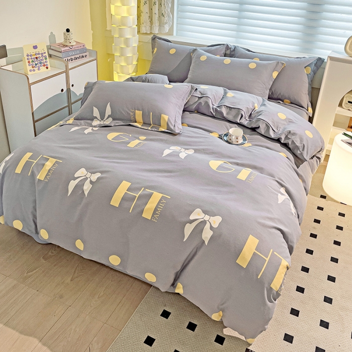 91家纺网 家纺一手货源 找家纺 品乐家纺 2023新款全棉喷气磨毛印花四件套 情意结-灰