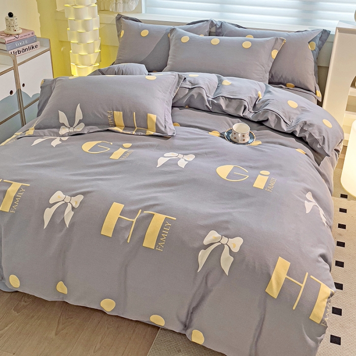 91家纺网 家纺一手货源 找家纺 品乐家纺 2023新款全棉喷气磨毛印花四件套 情意结-灰