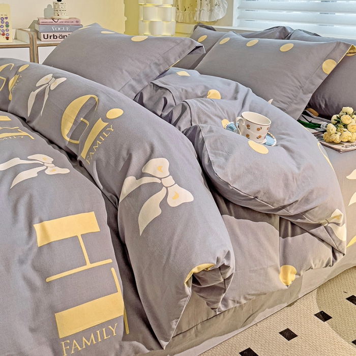 91家纺网 家纺一手货源 找家纺 品乐家纺 2023新款全棉喷气磨毛印花四件套 情意结-灰