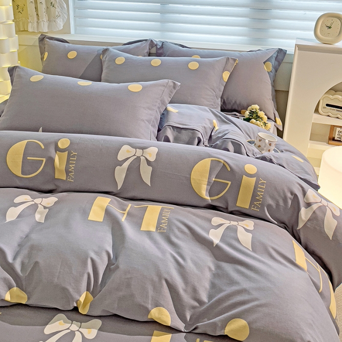 91家纺网 家纺一手货源 找家纺 品乐家纺 2023新款全棉喷气磨毛印花四件套 情意结-灰