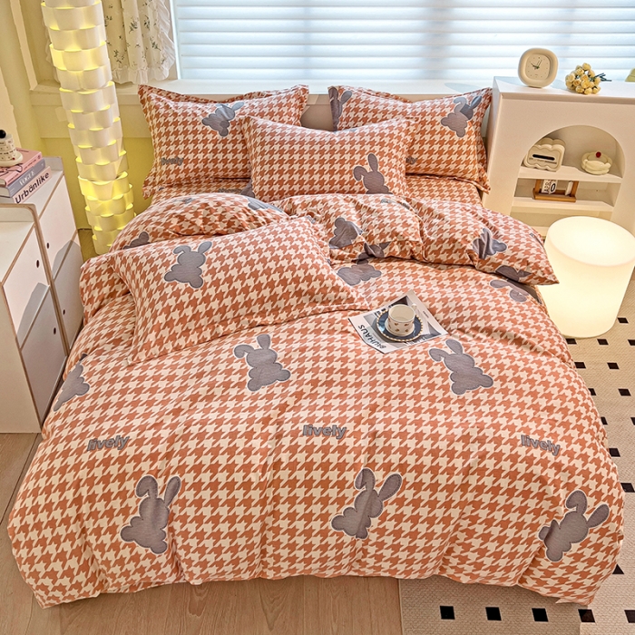 91家纺网 家纺一手货源 找家纺 品乐家纺 2023新款全棉喷气磨毛印花四件套 时尚风标-豆沙