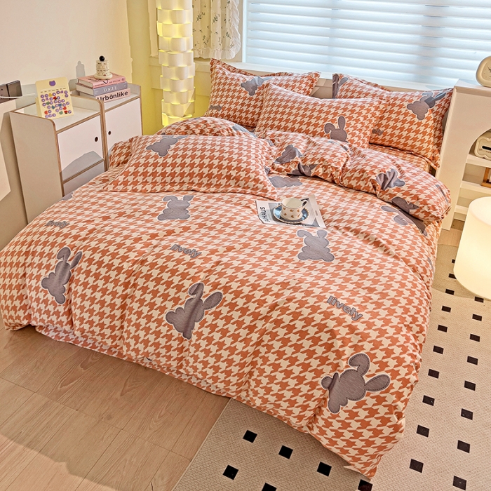 91家纺网 家纺一手货源 找家纺 品乐家纺 2023新款全棉喷气磨毛印花四件套 时尚风标-豆沙