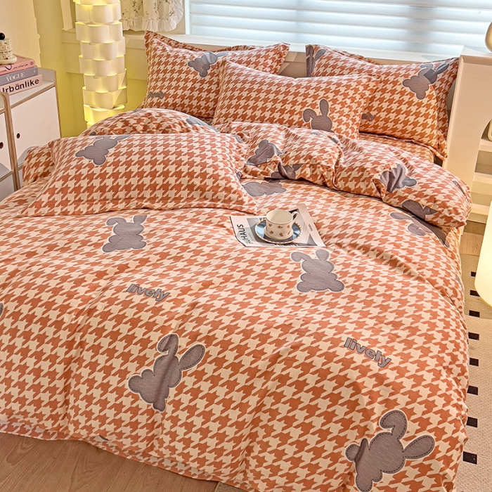 91家纺网 家纺一手货源 找家纺 品乐家纺 2023新款全棉喷气磨毛印花四件套 时尚风标-豆沙