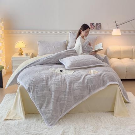 菲儿家纺 2023新款小兔毛绒立体剪花四件套 方块灰