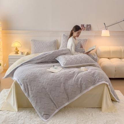 菲儿家纺 2023新款小兔毛绒立体剪花四件套 小兔毛-波浪灰