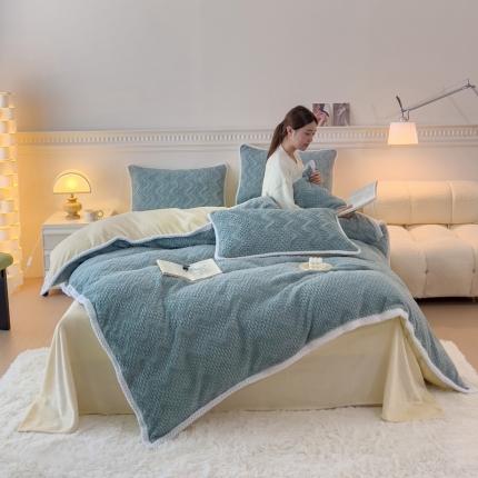 菲儿家纺 2023新款小兔毛绒立体剪花四件套 小兔毛-波浪蓝