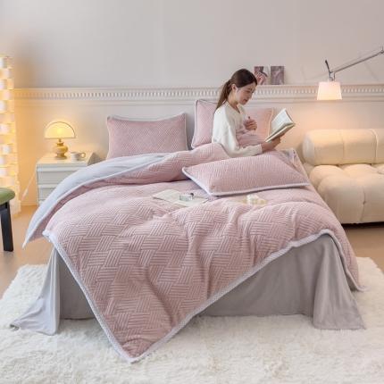 菲儿家纺 2023新款小兔毛绒立体剪花四件套 小兔毛-方块粉