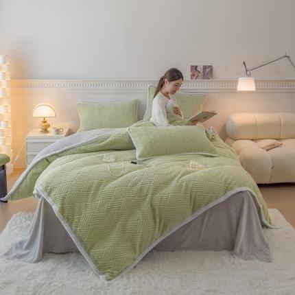 菲儿家纺 2023新款小兔毛绒立体剪花四件套 小兔毛-方块绿