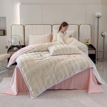 菲儿家纺 2023新款大兔毛绒立体剪花四件套 大兔毛-条纹白