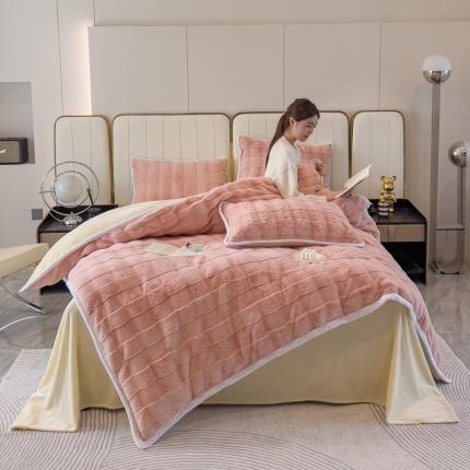 菲儿家纺 2023新款大兔毛绒立体剪花四件套 大兔毛-条纹粉