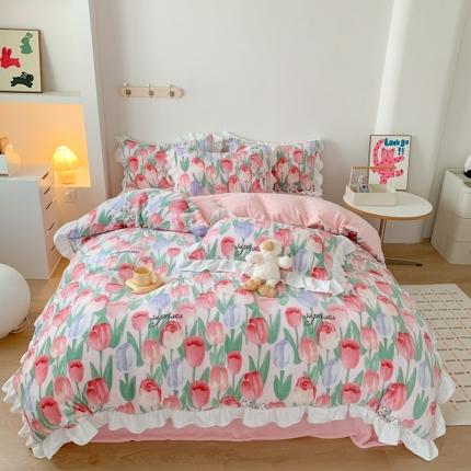 91家纺网 家纺一手货源 找家纺 （总）吾欢心 2024新款韩版花边牛奶绒四件套