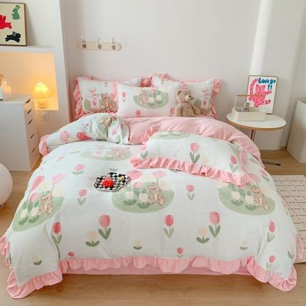 91家纺网 家纺一手货源 找家纺 （总）吾欢心 2024新款韩版花边牛奶绒四件套