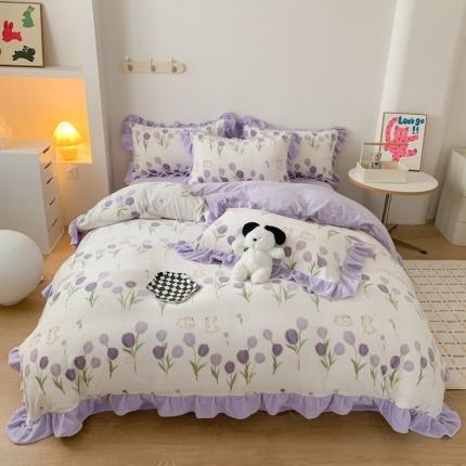 91家纺网 家纺一手货源 找家纺 （总）吾欢心 2024新款韩版花边牛奶绒四件套