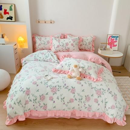 吾欢心 2024新款韩版花边牛奶绒四件套 初恋蔷薇