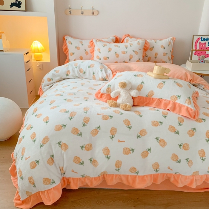 91家纺网 家纺一手货源 找家纺 吾欢心 2024新款韩版花边牛奶绒四件套 花园时光