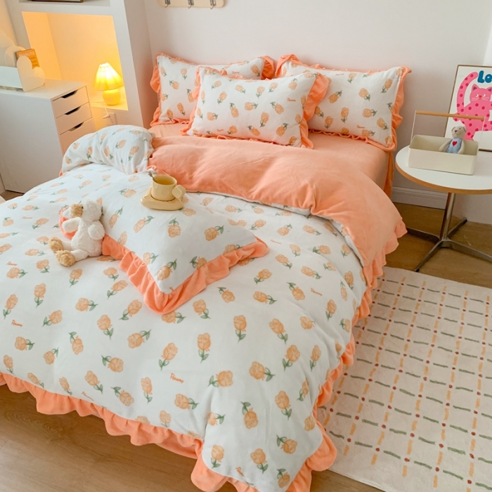 91家纺网 家纺一手货源 找家纺 吾欢心 2024新款韩版花边牛奶绒四件套 花园时光