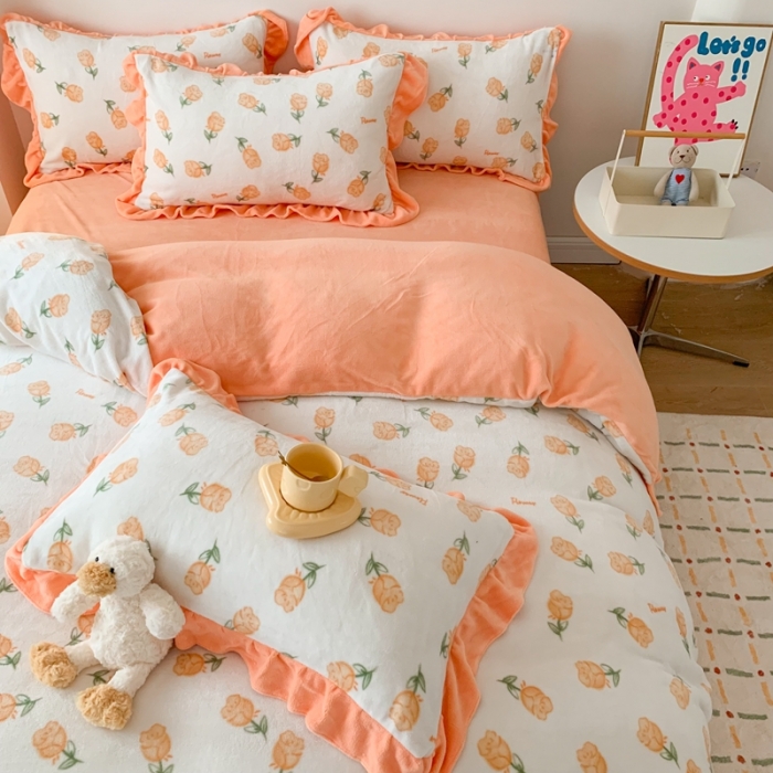 91家纺网 家纺一手货源 找家纺 吾欢心 2024新款韩版花边牛奶绒四件套 花园时光