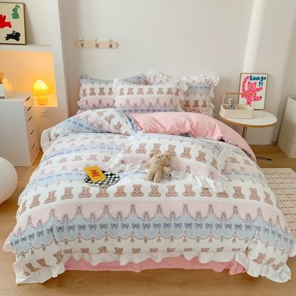 吾欢心 2024新款韩版花边牛奶绒四件套 可爱小熊