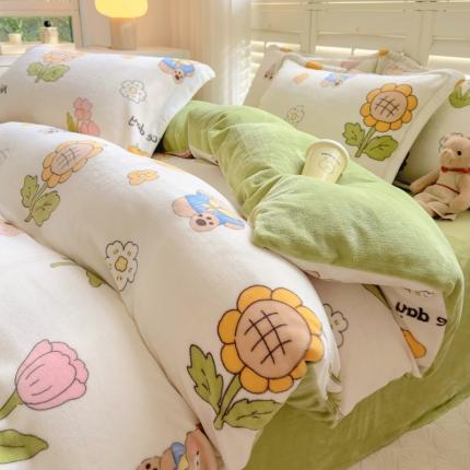 91家纺网 家纺一手货源 找家纺 （总）百寐 2023新款加厚牛奶绒小清新可爱花卉卡通保暖学生三四件套