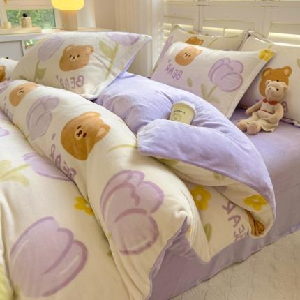 91家纺网 家纺一手货源 找家纺 （总）百寐 2023新款加厚牛奶绒小清新可爱花卉卡通保暖学生三四件套