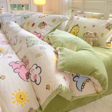 91家纺网 家纺一手货源 找家纺 （总）百寐 2023新款加厚牛奶绒小清新可爱花卉卡通保暖学生三四件套